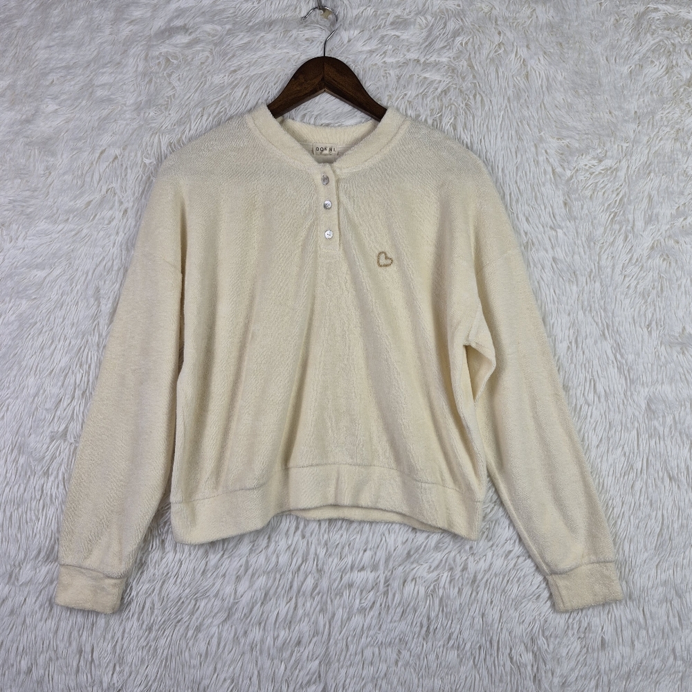 Donni Womens S Cream Terry Long Sleeve Henley Sweatshirt Resort Casual Oversized